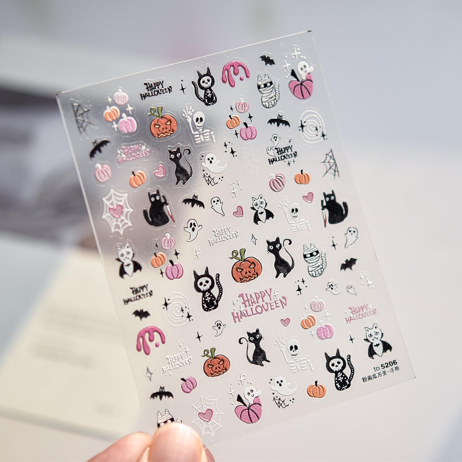 Halloween Nail Stickers Ghost Cat Nail Decals Pumpkin Nails Art Stickers with Pink Black Design Cute Nail Decals Nails Art 5D Self Adhesive Nails Supply for Women Girls Manicure DIY Decoration image 2