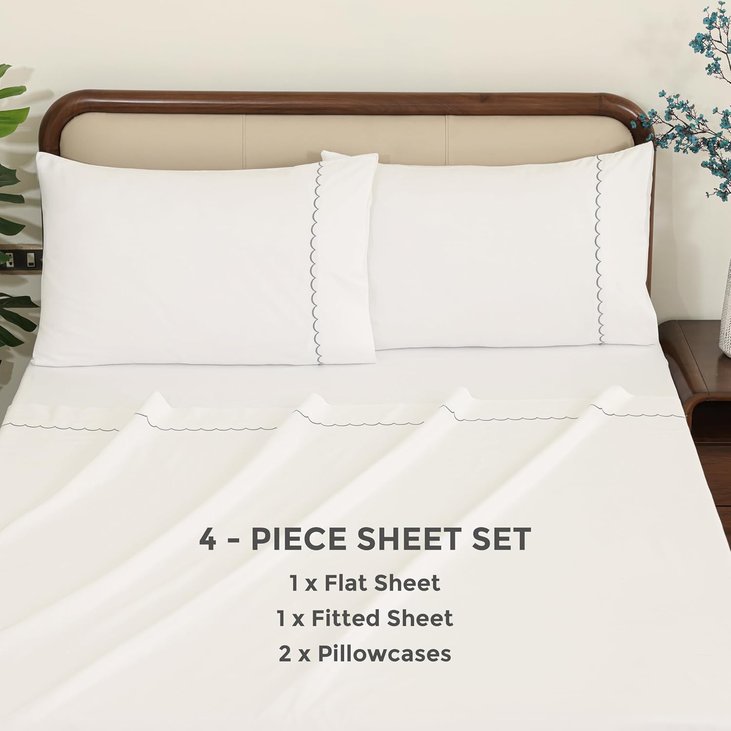 Dreamology Cotton Sheets, 100% Cotton Sateen Weave Embroidered Queen Sheets Set,Cotton Sheet Sets,Soft & Wrinkle-Resistant,16" Deep Pocket,4-Piece Includes 1 Fitted Sheet,1 Flat Sheet & 2 Pillowcases