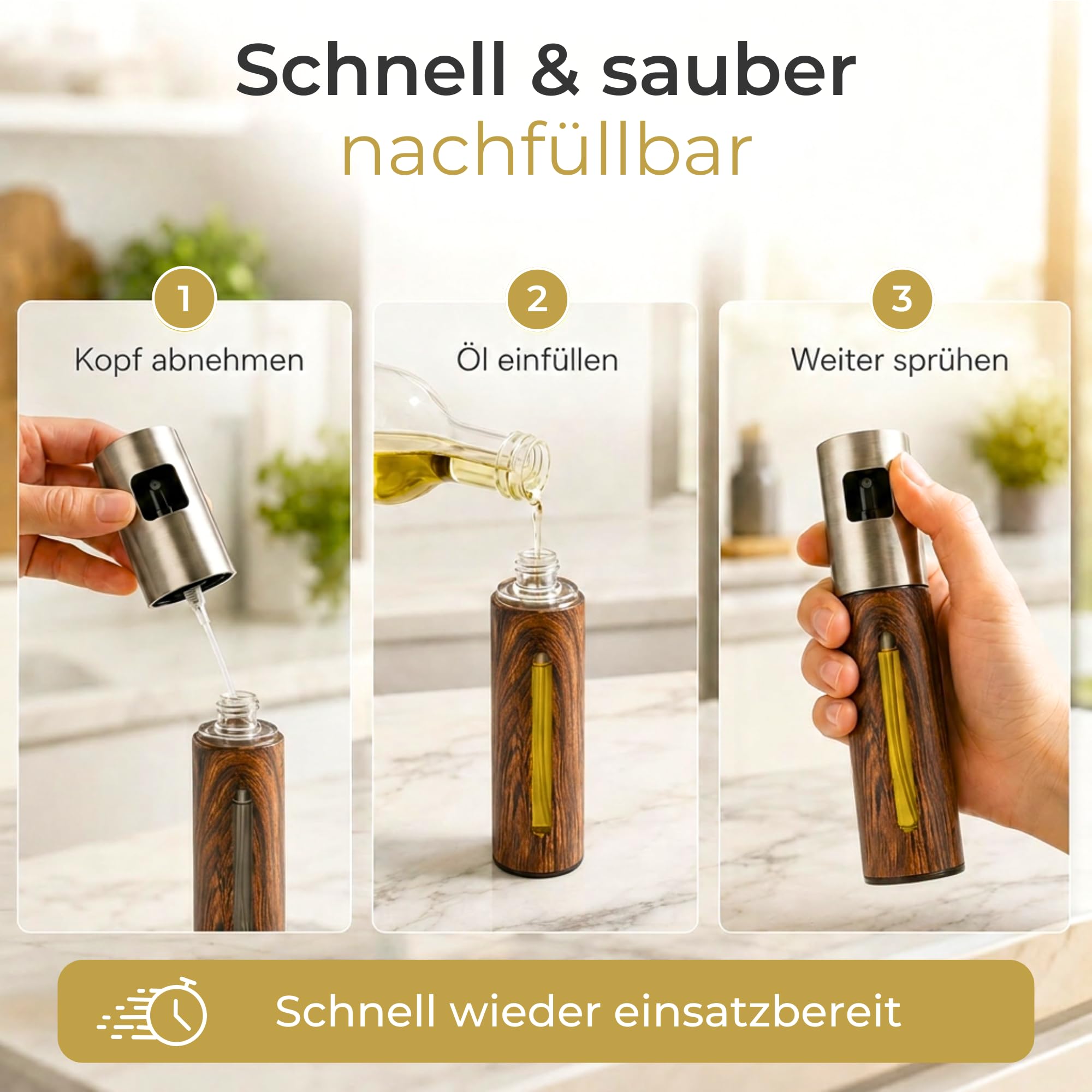 Ölsprüher [Edelstahl, 100ml] – Öl Sprühflasche für präzise Dosierung – Ölspray für Airfryer & Heißluftfritteuse – Sprühflasche Öl für Speiseöl & Essig – Oil Sprayer (DARK EDITION)