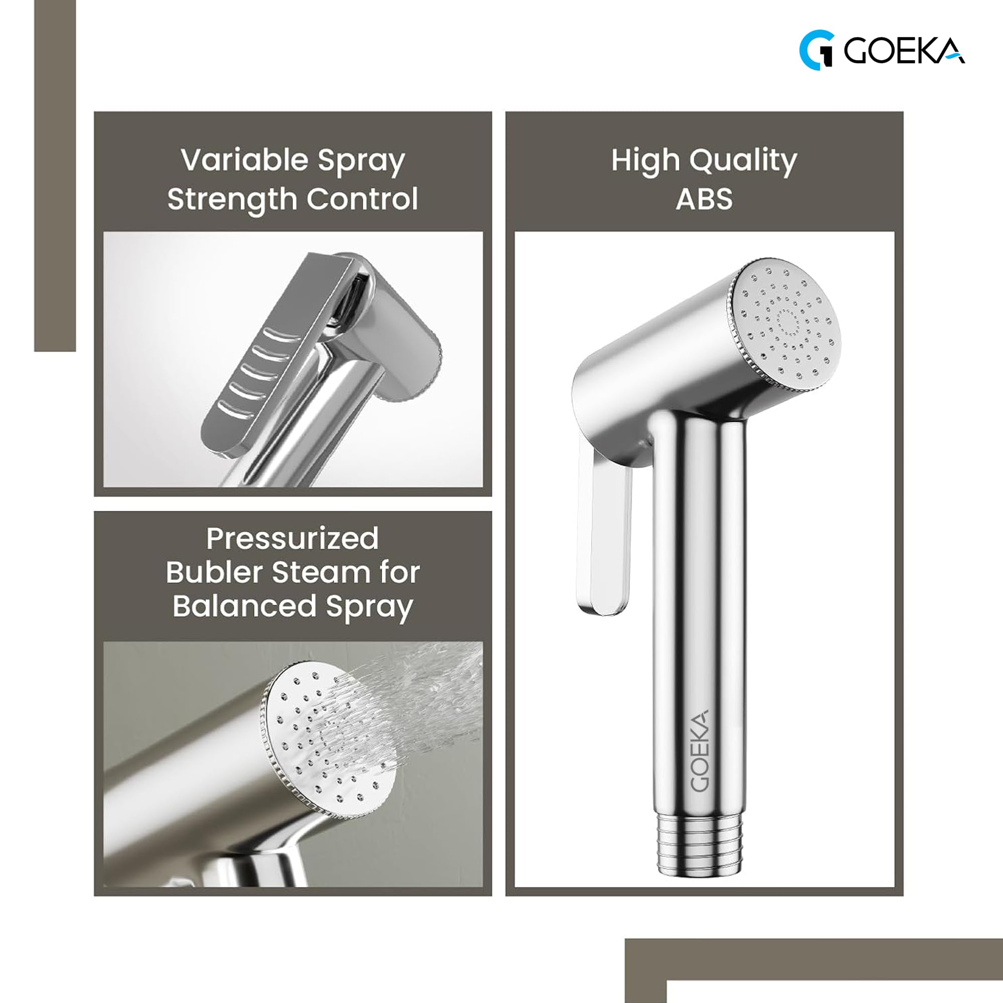 GOEKA® Health Faucet Gun Hand Jet Bidet Spray Head with 1 Metre SS Tube & ABS Hook | ABS Material | Chrome Finish | Wall Mount Installation | Durable Bathroom Health Faucet 3