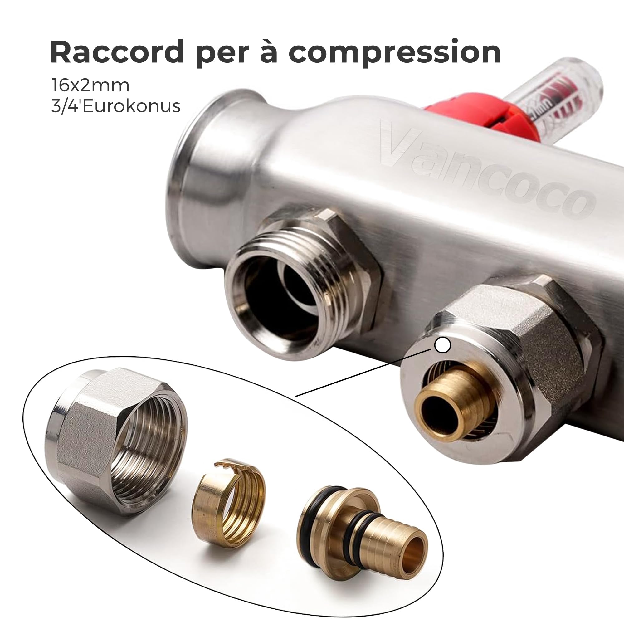 VANCOCO Collecteur Plancher Chauffage Acier Inoxydable 2 Circuits Chauffage au Sol,Raccord Eurokonus 16 × 2 mm,Débitmètre 5 L/min,Vannes à Bille 1",Kit de Purge Rapide