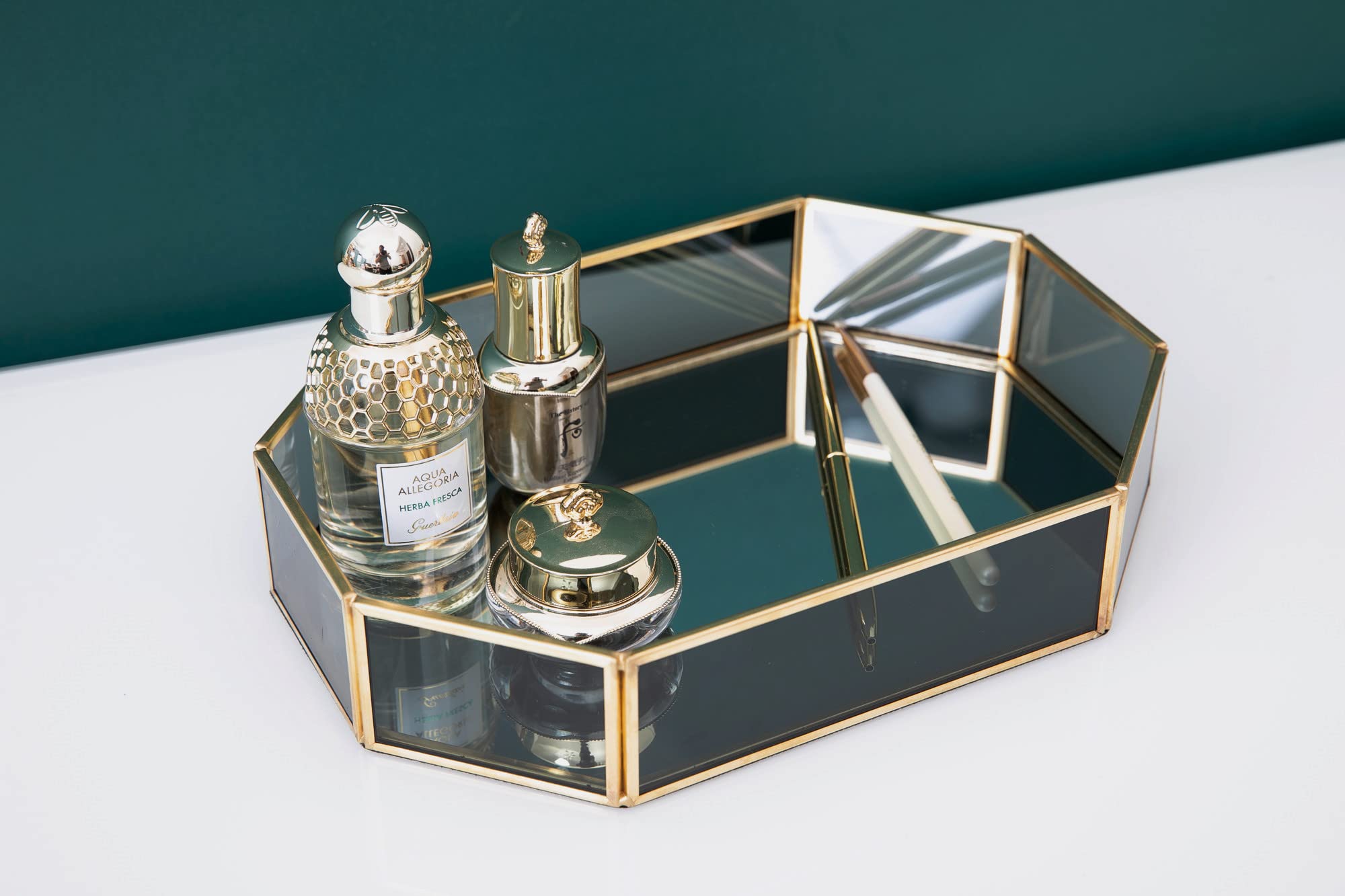 Gold Schminktablett Mit Spiegel - Rechteckiges Schmucktablett Aus Metall