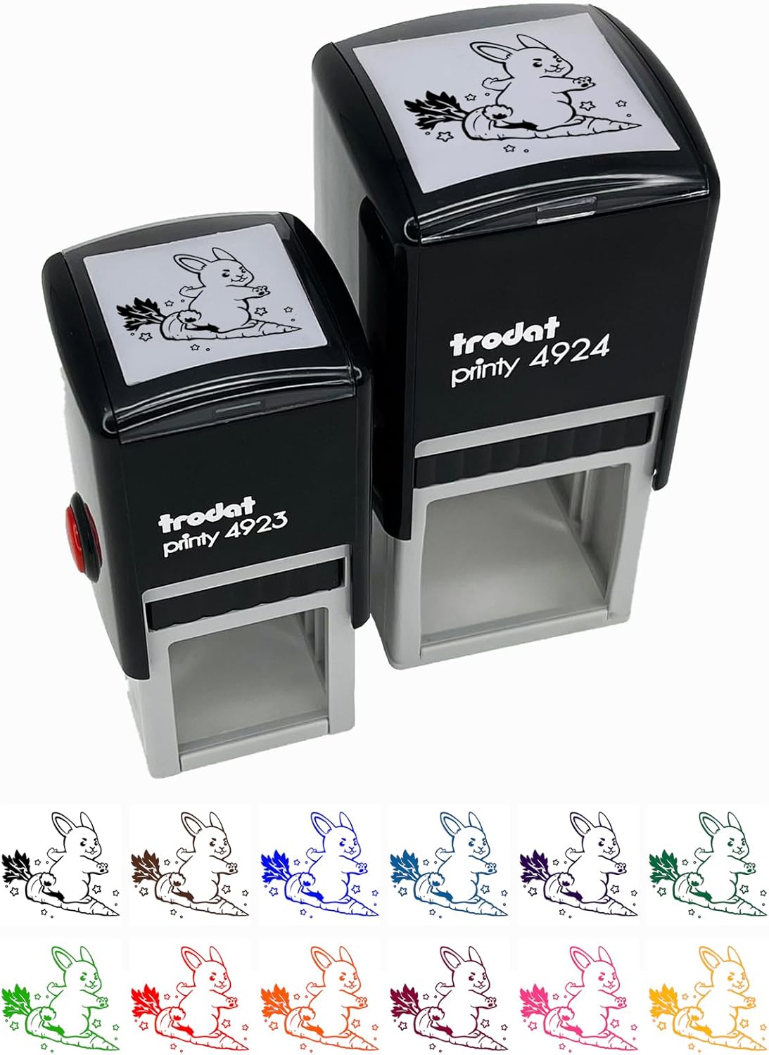 Cute Kawaii Bunny Rabbit Surfing on Carrot Easter Self-Inking Rubber Stamp Ink Stamper - 1-1/2 Inch Large - Red Ink