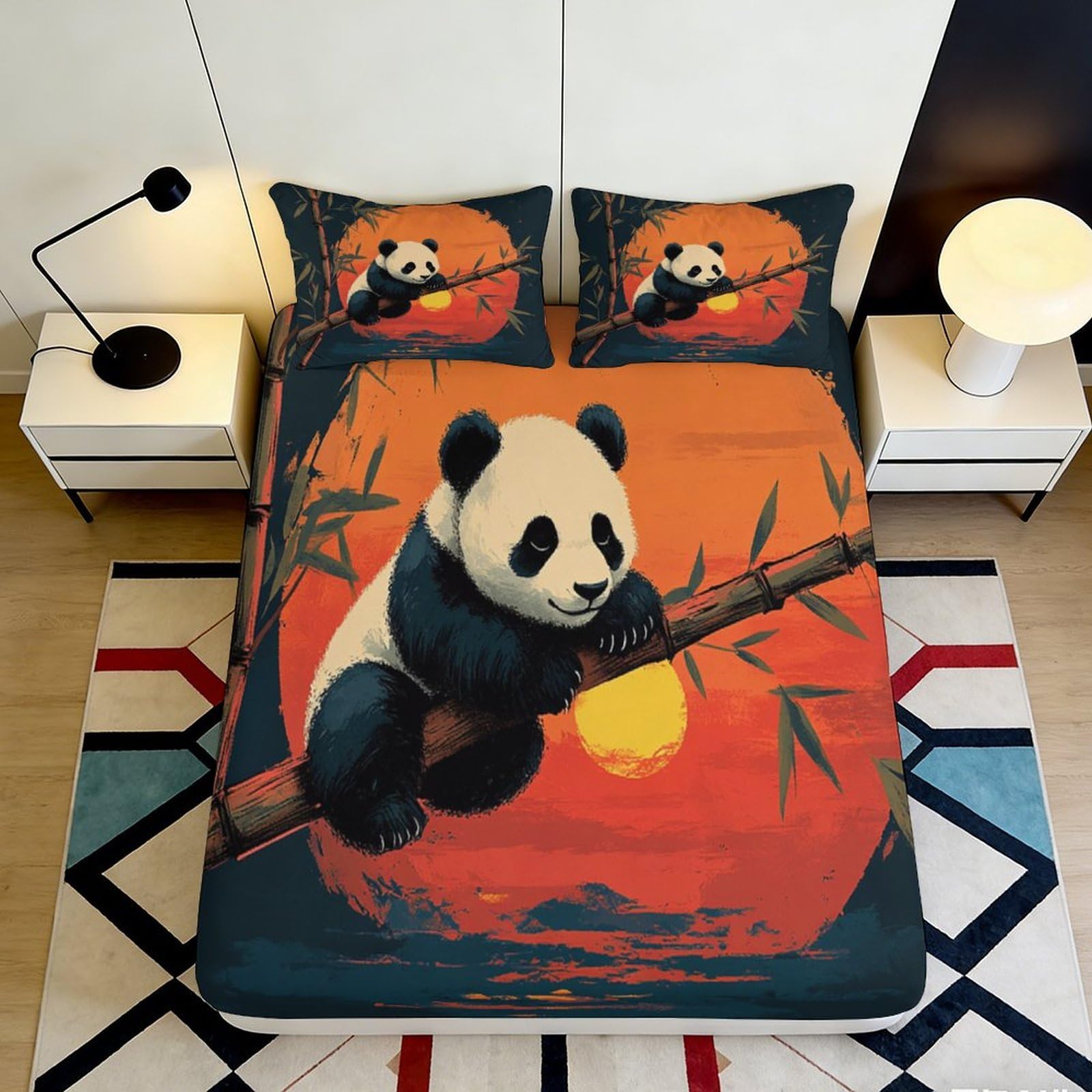 3D Printed Panda Sunset Fitted Sheet Microfiber Non-slip Mattress Cover for Bedroom Dorm Room Easy Care Decor 140x200x25cm