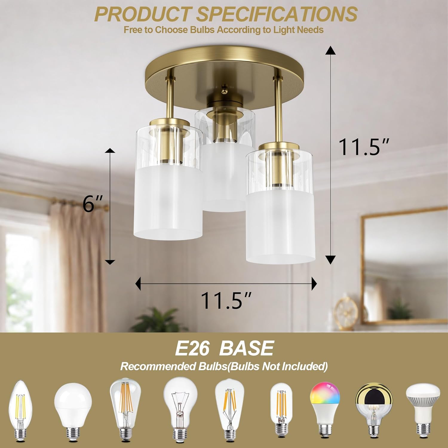 Maxax 3-Lights Brass Semi Flush Mount Ceiling Light Fixture, 11.5" Modern Farmhouse Light Fixture with Clear Frosted Glass, E26 Base, for Kitchen, Foyer, Hallway, Entryway, Bedroom, Stairs