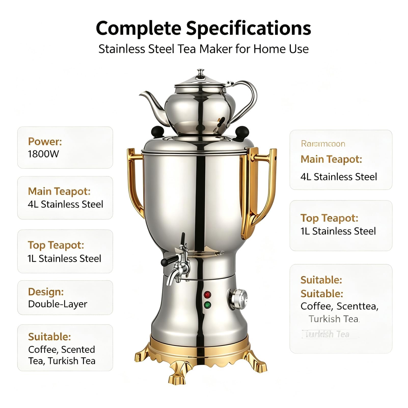 Samovar Turco Elettrico 1800W con Teiera in Acciaio Inox da 4+1L | Macchina per Tè Turco Elettrica con Design a Doppio Strato & Isolamento Termico Intelligente, Teiera per Caffè