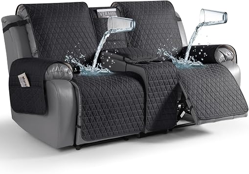 TAOCOCO 100% Waterproof Loveseat Recliner Covers with Console, Non Slip Recliner Covers that Stay in Place, Split Seat Design Washable Reclining Loveseat Cover with Elastic Straps, Black