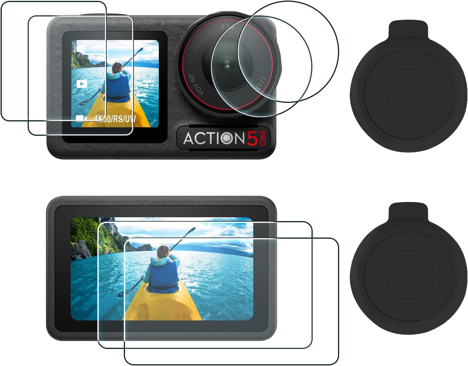 AMAZEAR Lens Screen Protector for DJI Osmo Action 5 Pro Accessories (2Sets-8Pack), Action5 Pro Tempered Glass Screen Protector with Silicone Lens Cap, 9H, HD, Scratch Resistant, Bubble-Free