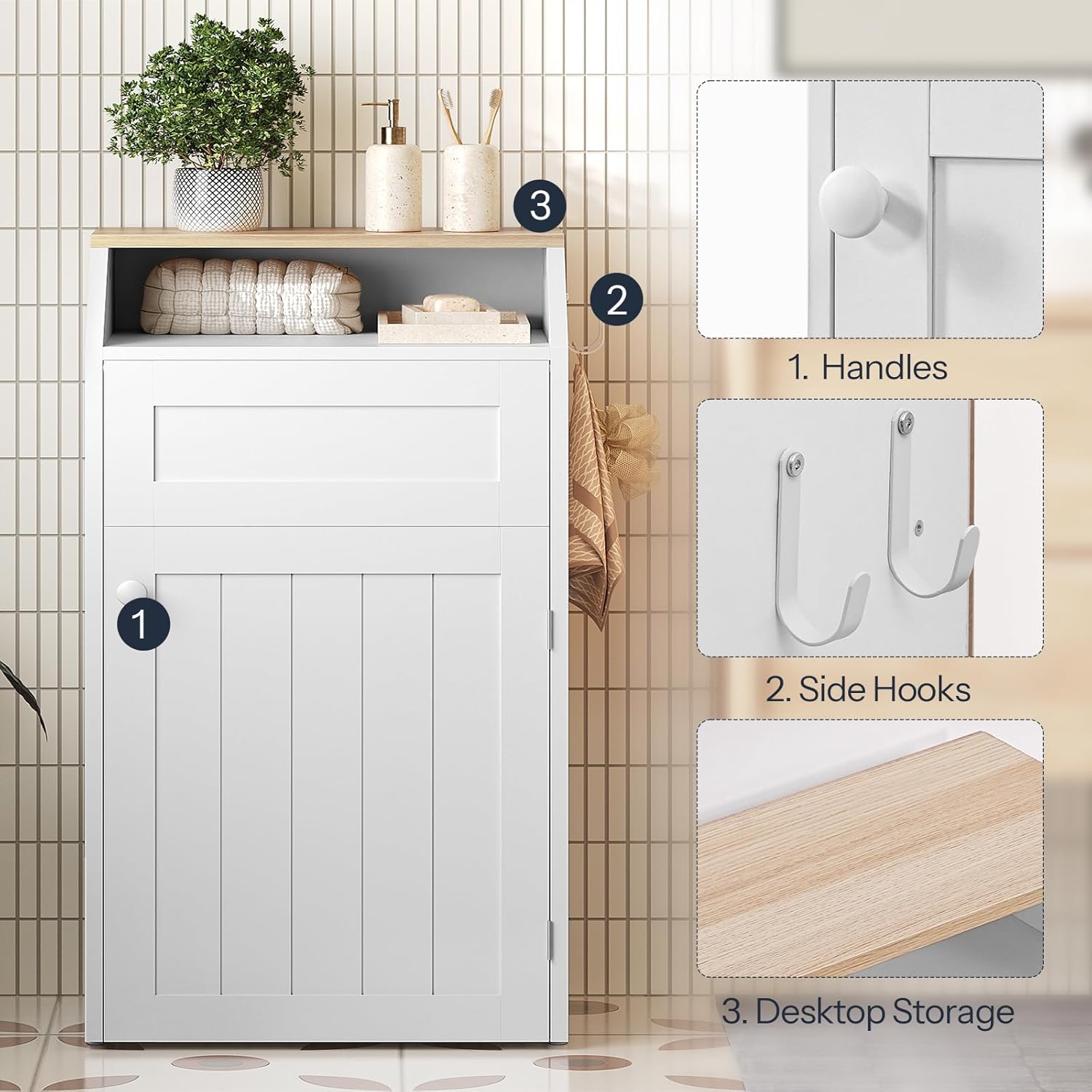 Trash Can Cabinet and Coffee Pod Drawer Holder,10 Gallon Wooden Recycling Cabinet with Flip Door, Free Standing Kitchen Trash Cabinet with Hooks, for Kitchen, Laundry, KH08BRG1-WB01WT