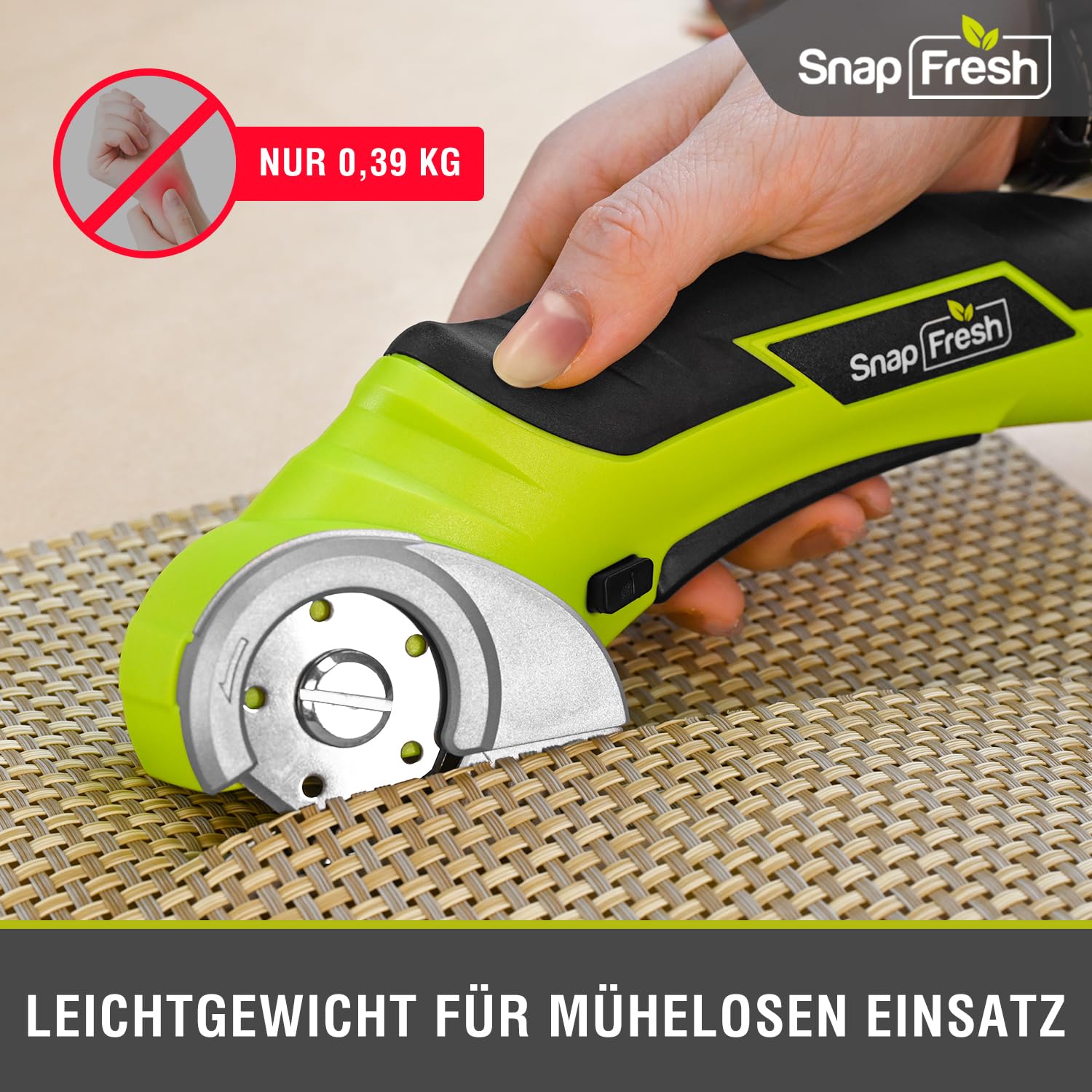 SnapFresh Kartonschneider Elektrische Schere 4V Kabellose Rollschneider Akku-Universalschneider Akkuschere - 2 Selbstschärfende Klingen - für Karton, Pappe, Teppich, Leder, Filz, Kunststoff