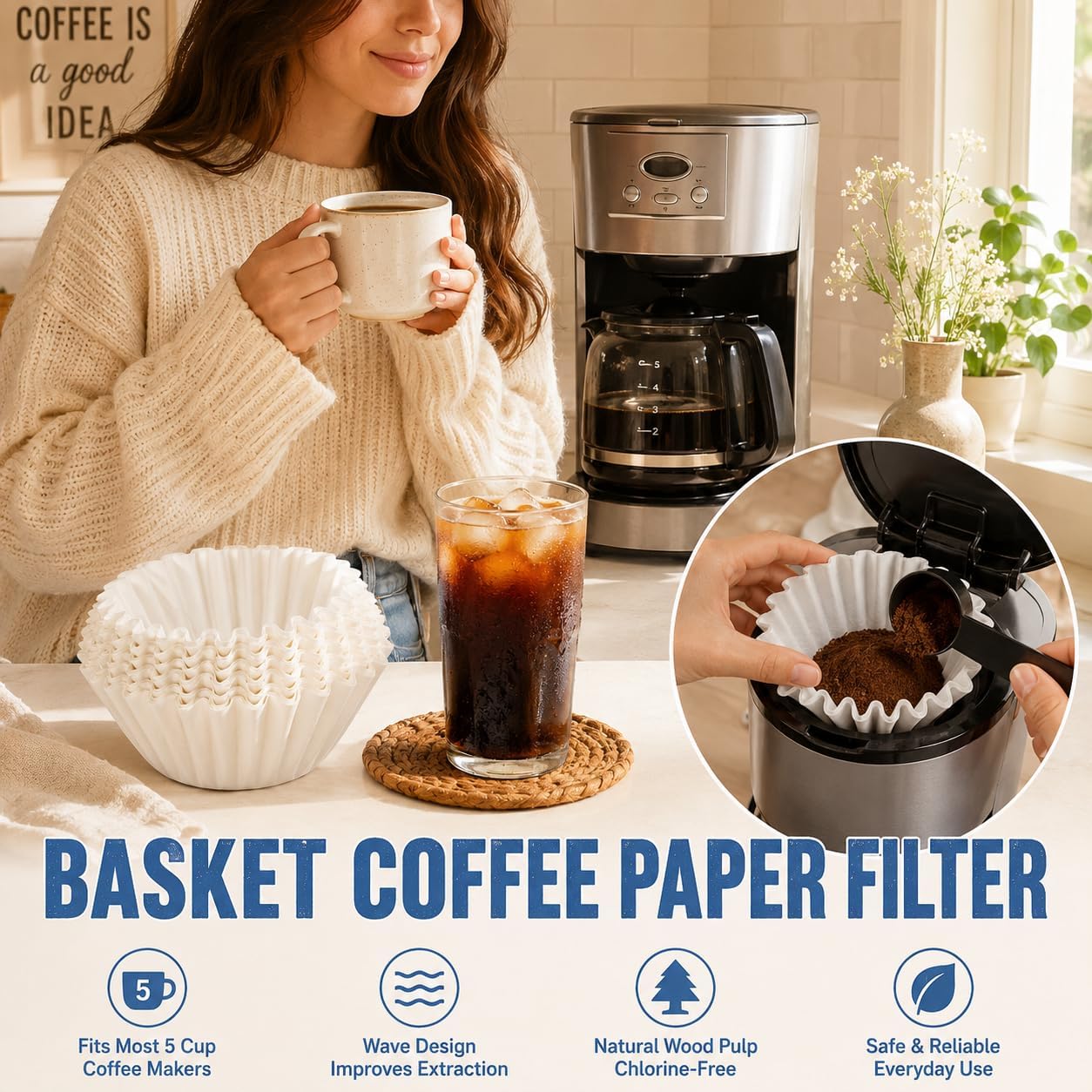 5 Cup Coffee Filter,100 Count Disposable Coffee Filter Papers, White