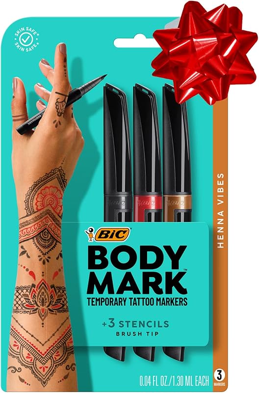 Marcador de tatuaje temporal BIC BodyMark, Henna Vibes, colores surtidos, 3 unidades - Amazon Vine | Punta de fieltro flexible para líneas finas o anchas | Fórmula cosmética segura para la piel | Ideal para diseños y arte corporal creativos