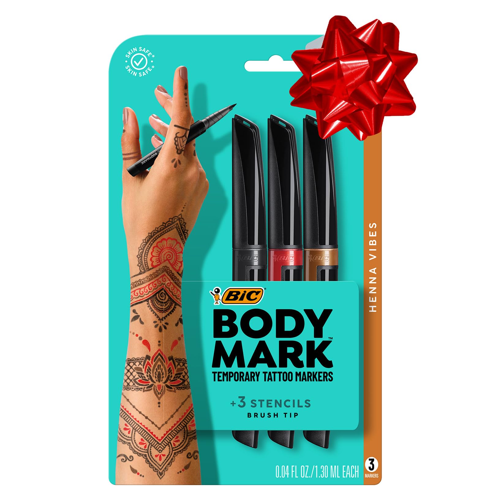BodyMark Temporary Tattoo Markers for Skin, Henna Vibes, Flexible Brush Tip, 3-Count Pack of Assorted Colors, Skin-Safe*, Cosmetic Quality