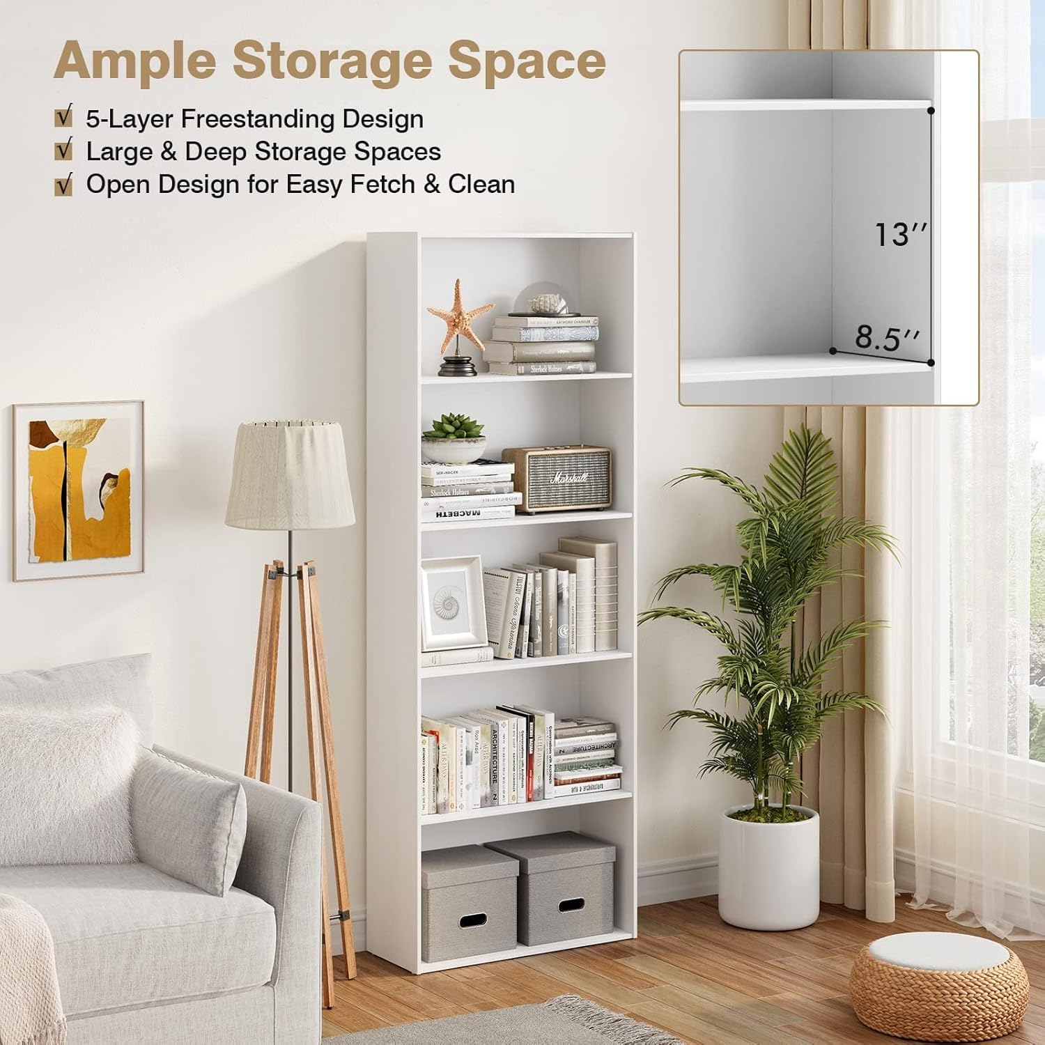 DORTALA Bookcase 5-Shelf Multi-Functional Modern Wood Storage Display Open Bookshelf for Home Office, White