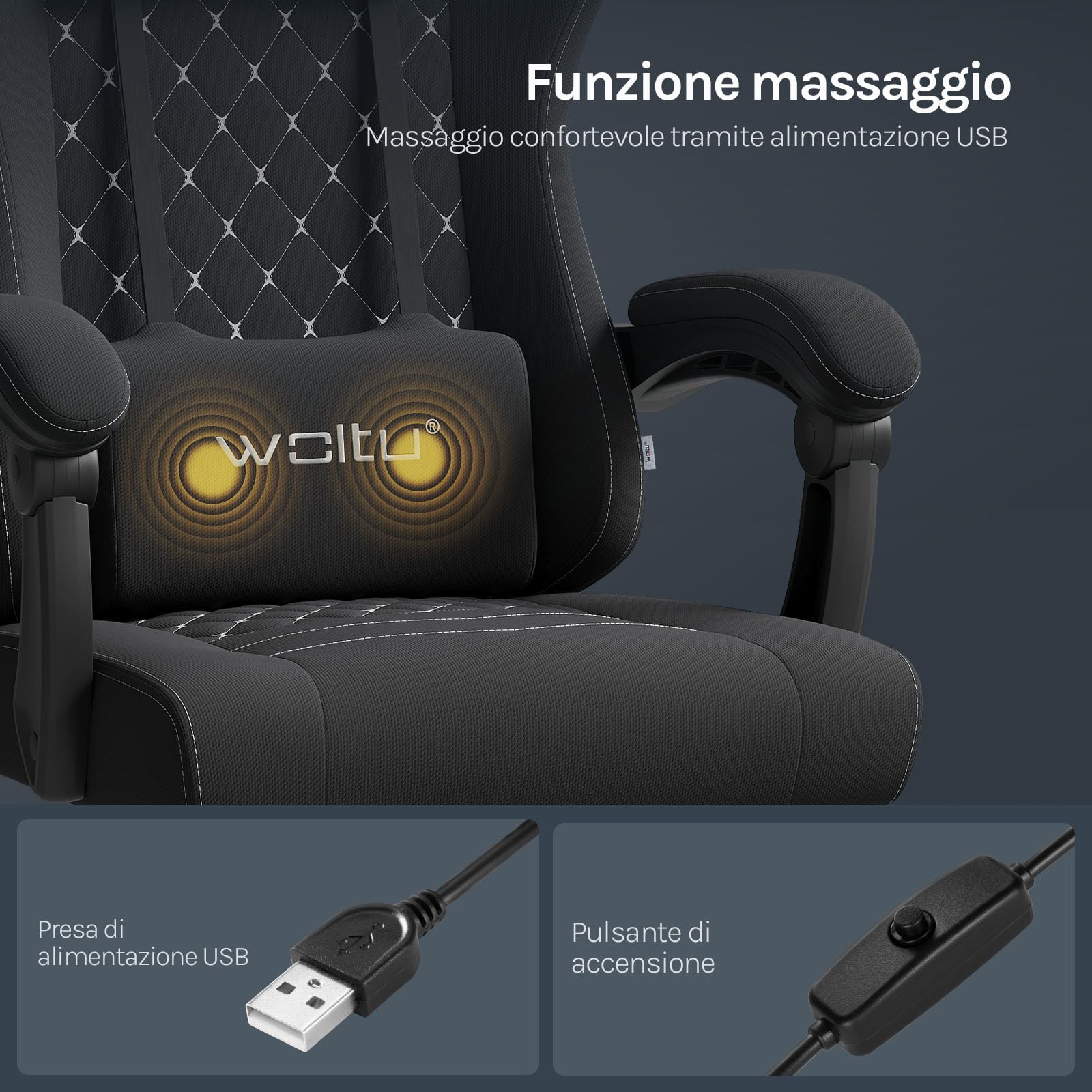 WOLTU Sedia Gaming con Massaggio, Sedia da Ufficio Ergonomica Girevole Ampia Imbottita per Computer con Cuscino Lombare Massaggiante, Carico 150 Kg, Tessuto a rete, Nero+Bianco