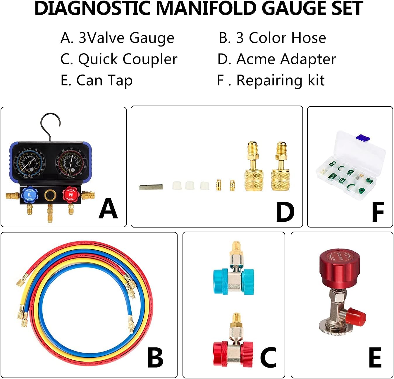 4CFM 1/3HP Single-Stage Vacuum Pump and R12 R22 R134A R502 Anticollision Manifold Gauge Set Refrigeration Kit with Carrying Tote, Leak Detector for HVAC A/C Refrigeration Recharging and Maintenance : Automotive