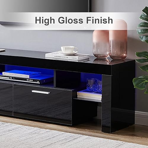 Miniatura 6 de Soporte de TV LED para televisores de hasta 70 pulgadas, centro de entretenimiento de alto brillo de mediados de siglo con armarios de Negro