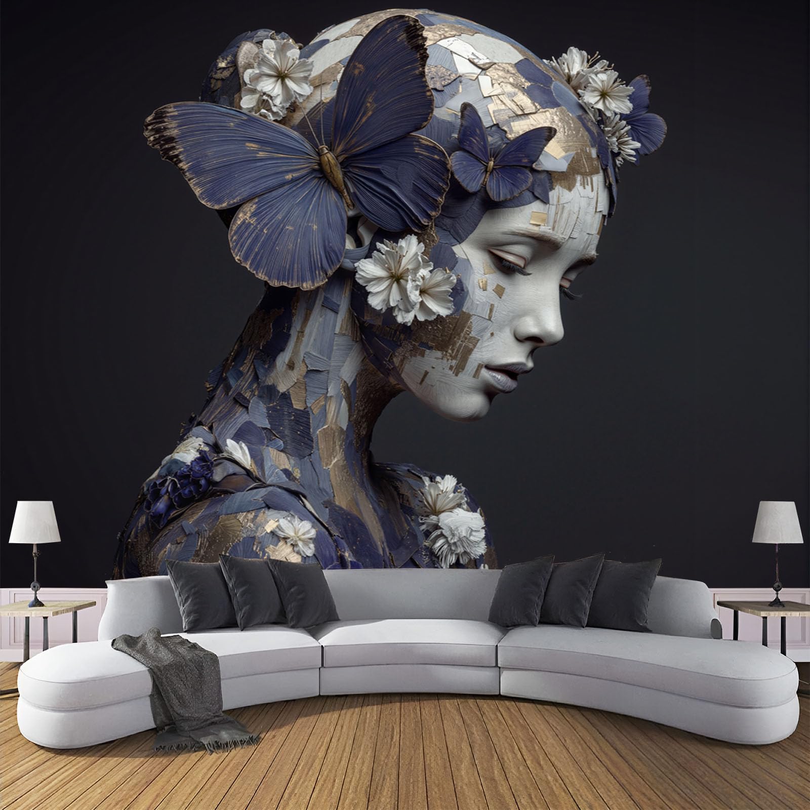 Papier Peint Panoramique Rétro Portrait 400x280cm, Fille Au Tableau Papillon Fleur Sauvage Huile Papier peint photo soie, Bleu Gris Murales Poster soie - pour Salon Chambre à Coucher Décor Fond TV