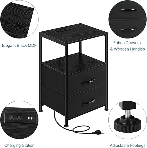 Miniatura 8 de ETELI Juego de 2 mesitas de noche negras con estación de carga, con cajones de tela y estante de almacenamiento, mesa auxiliar industrial con