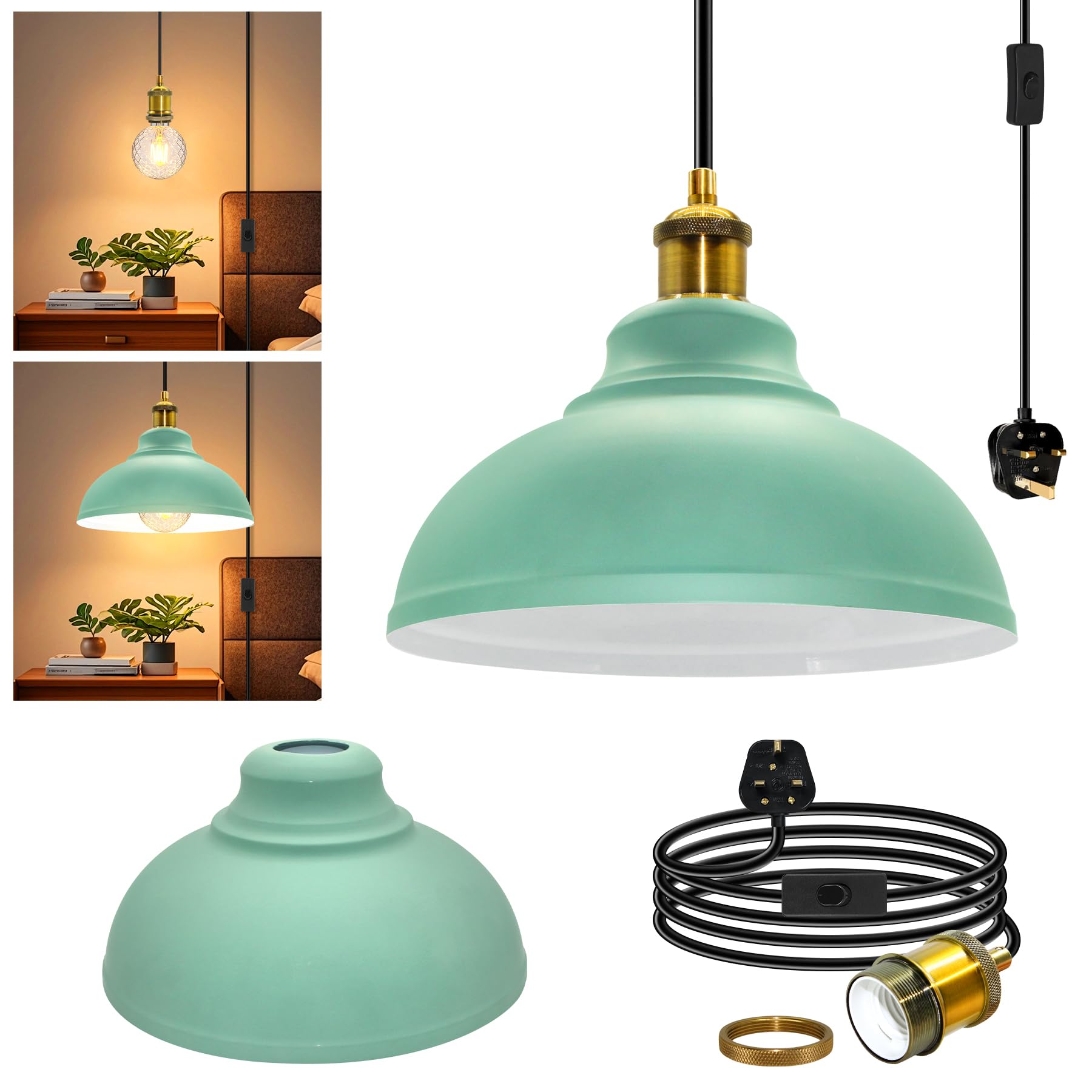 Industrial Plug in Ceiling Light Fixture, 500 CM Retro Plug in Pendant Light Fitting, Vintage Detachable Metal Lampshade Hanging Lamp Kit,Brass E27 Lamp Holder with Plug and Switch,for Terrace Loft