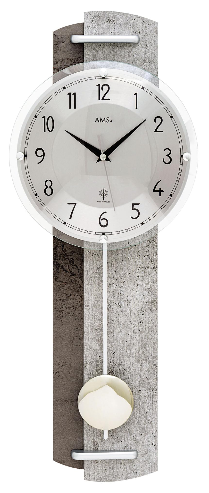AMS F5331, Funk-Pendelwanduhr, Modernes Design in Stein-Optik & Funk-Pendelwerk, Holzgehäuse mit Aluminium-Zifferblatt, Maße: 59 x 23 x 7 cm