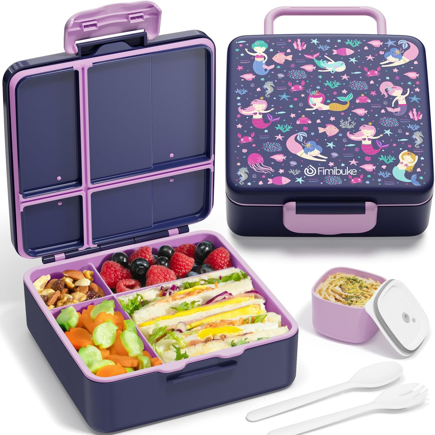 Fimibuke Bento Lunch Box for Kids, Leak Proof Toddler Bento Box with 4 Compartments BPA Free Dishwasher Safe Lunch Container with Utensils, Ideal Portion Sizes for Ages 3-12 Girls Boys for School