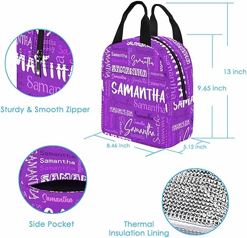 Miniatura 4 de Bolsa de almuerzo con nombre personalizado, patrón de texto blanco y morado, bolsa de almuerzo aislada personalizada para Dauhgter Son lonchera
