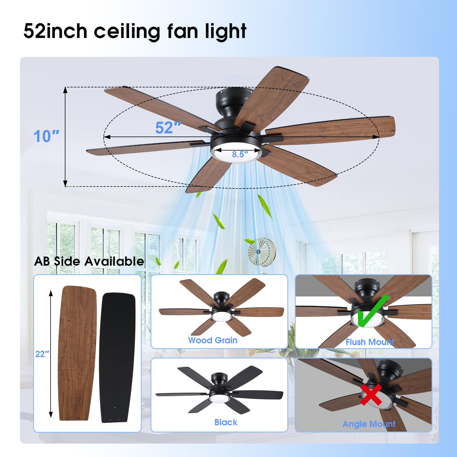Kviflon Ventilador de techo rústico 132 cm con luz, montaje empotrado bajo, control remoto y APP, 6 aspas reversibles dobles, luz LED regulable 3 CCT para salón y estilo granja, marrón