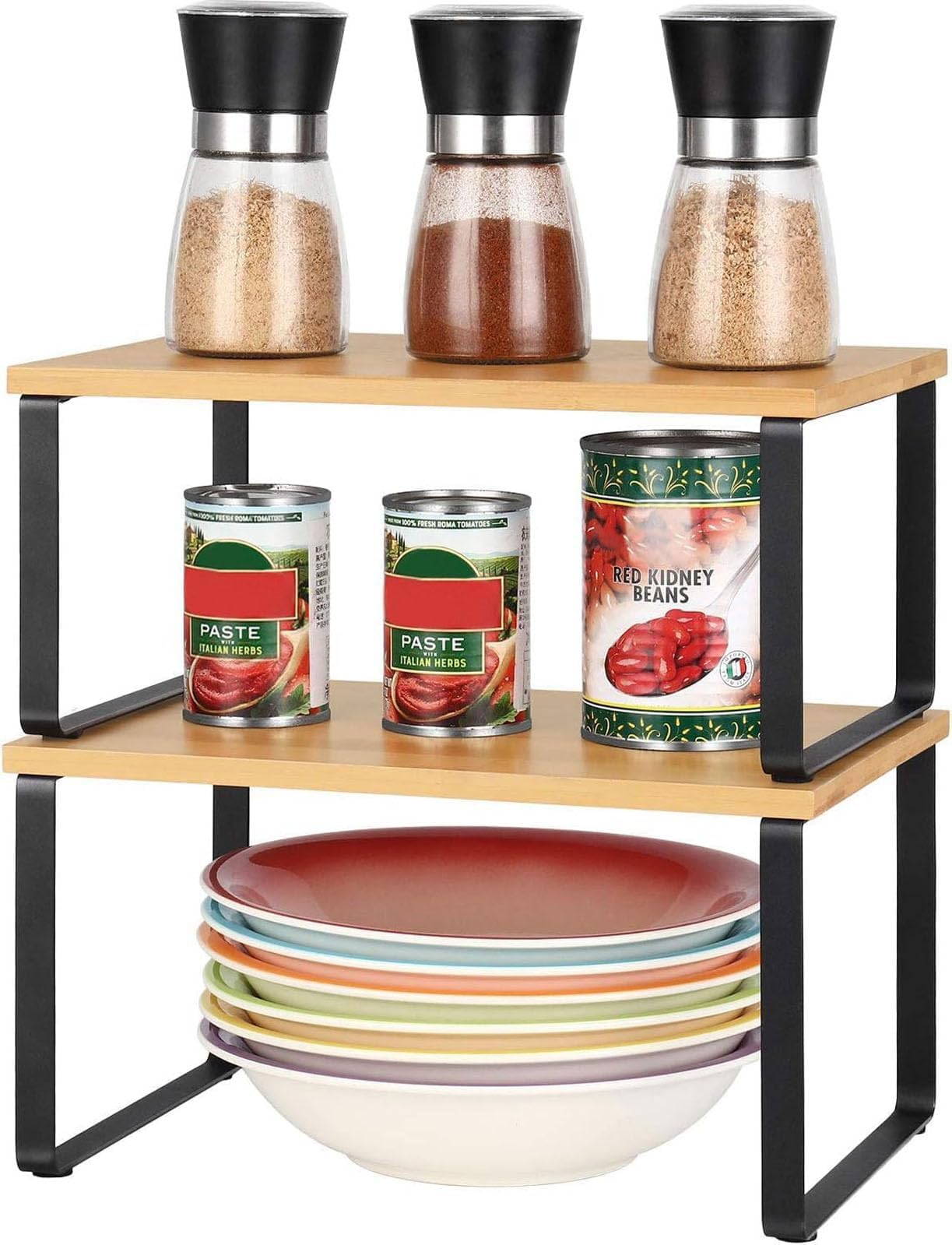 U-HOOME Kitchen Cabinet Organizer Shelf,Set of 2 Kitchen Counter Shelves,Stackable&Expandable Kitchen Storage Spice Rack,Corner Organizers and Storage Rack for Pantry Spices Plates, Desk Books (Black)