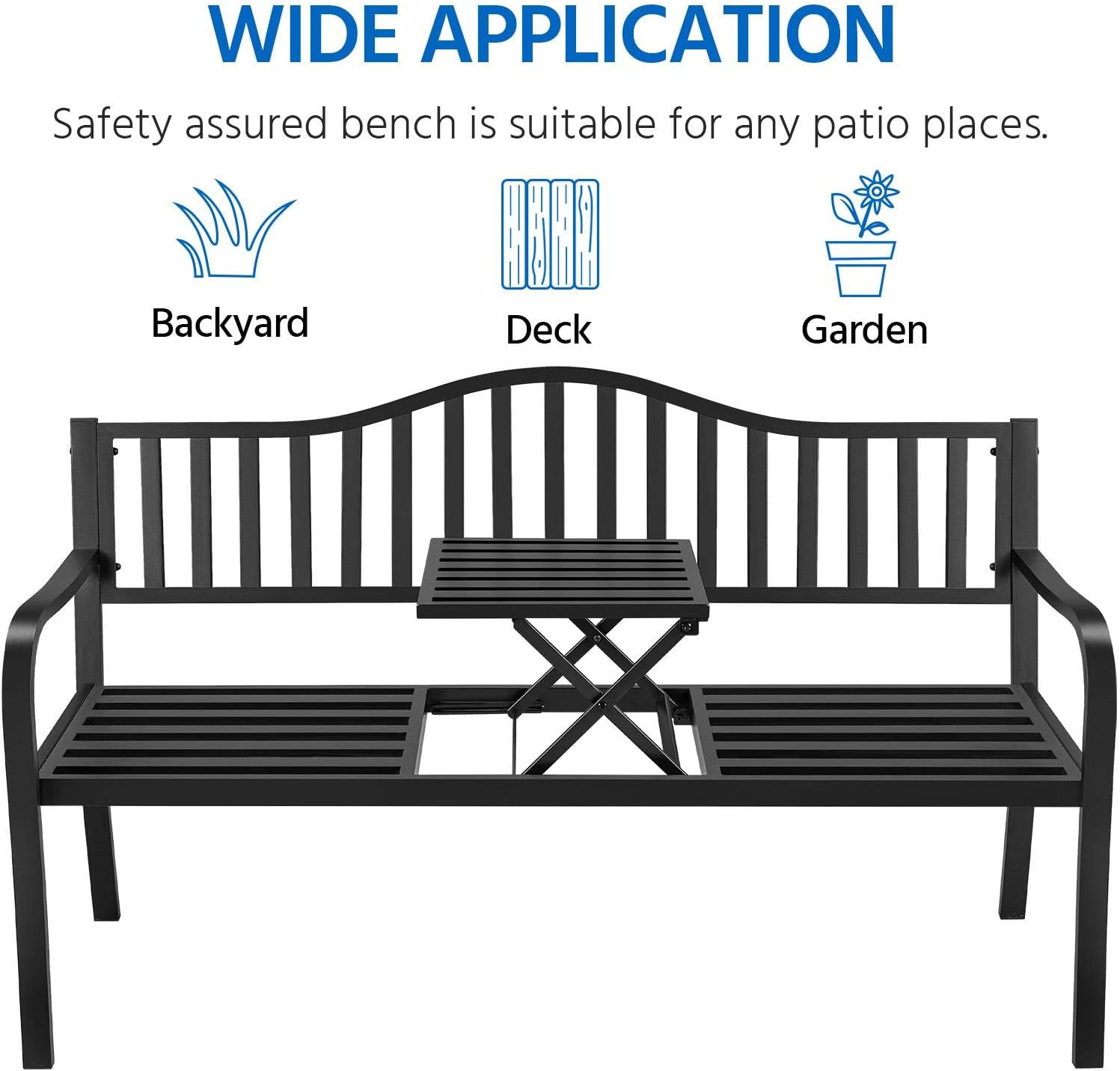 Yaheetech Outdoor Garden Bench w/Pullout Middle Table, Metal Patio Bench, Front Porch Bench for Backyard, Weather-Resistant Frame, Patio Seating for 2-3 Person, Black