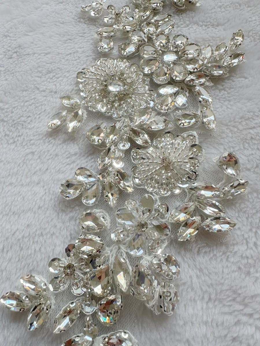 1 Pair/Set Rhinestones Lace Applique Accessories Handsewing Beads Sequins Stones Trim Patches for DIY Girl Wedding Dress Decorations (Silver)