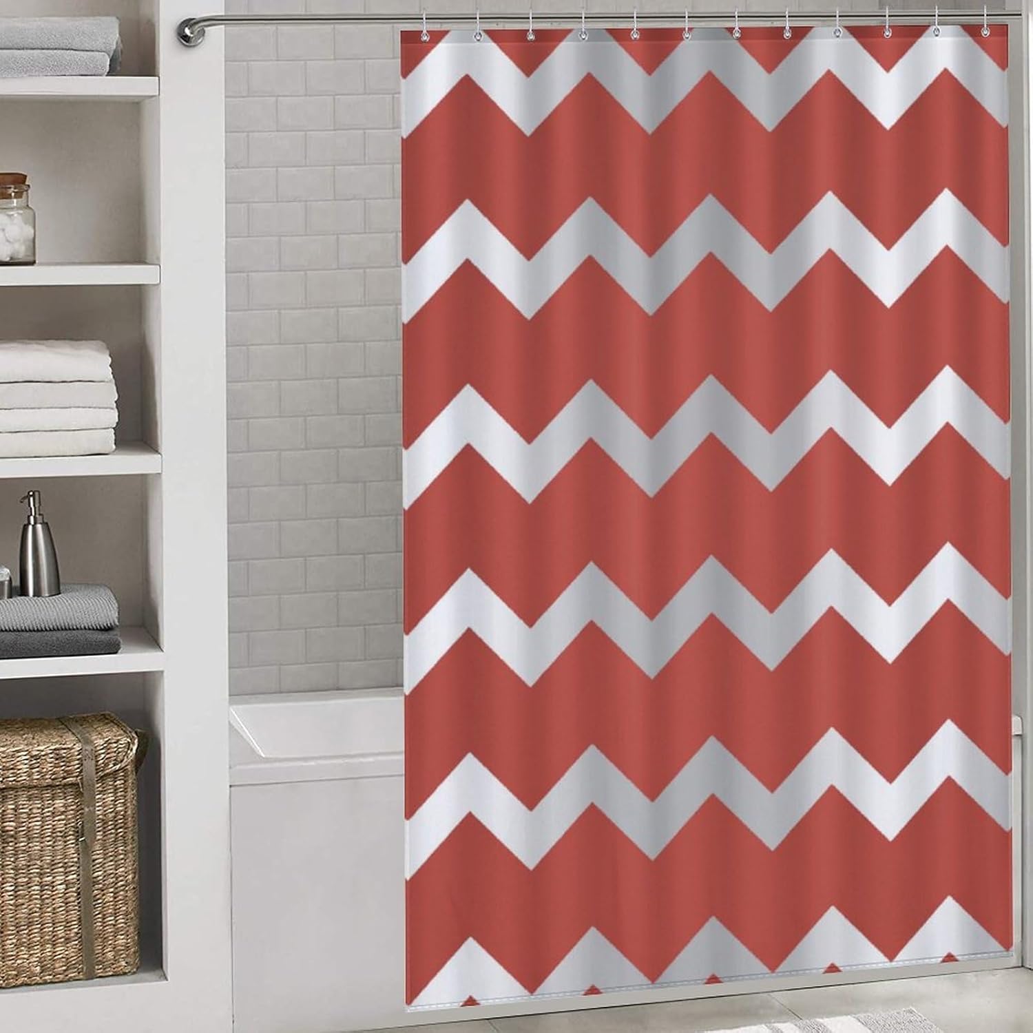 Shower Curtain Liner Set, Chevron Silver Gray Grey Stripes Red Waterproof Washable Bathroom Curtains with 12 Hooks, 60 x 72inch
