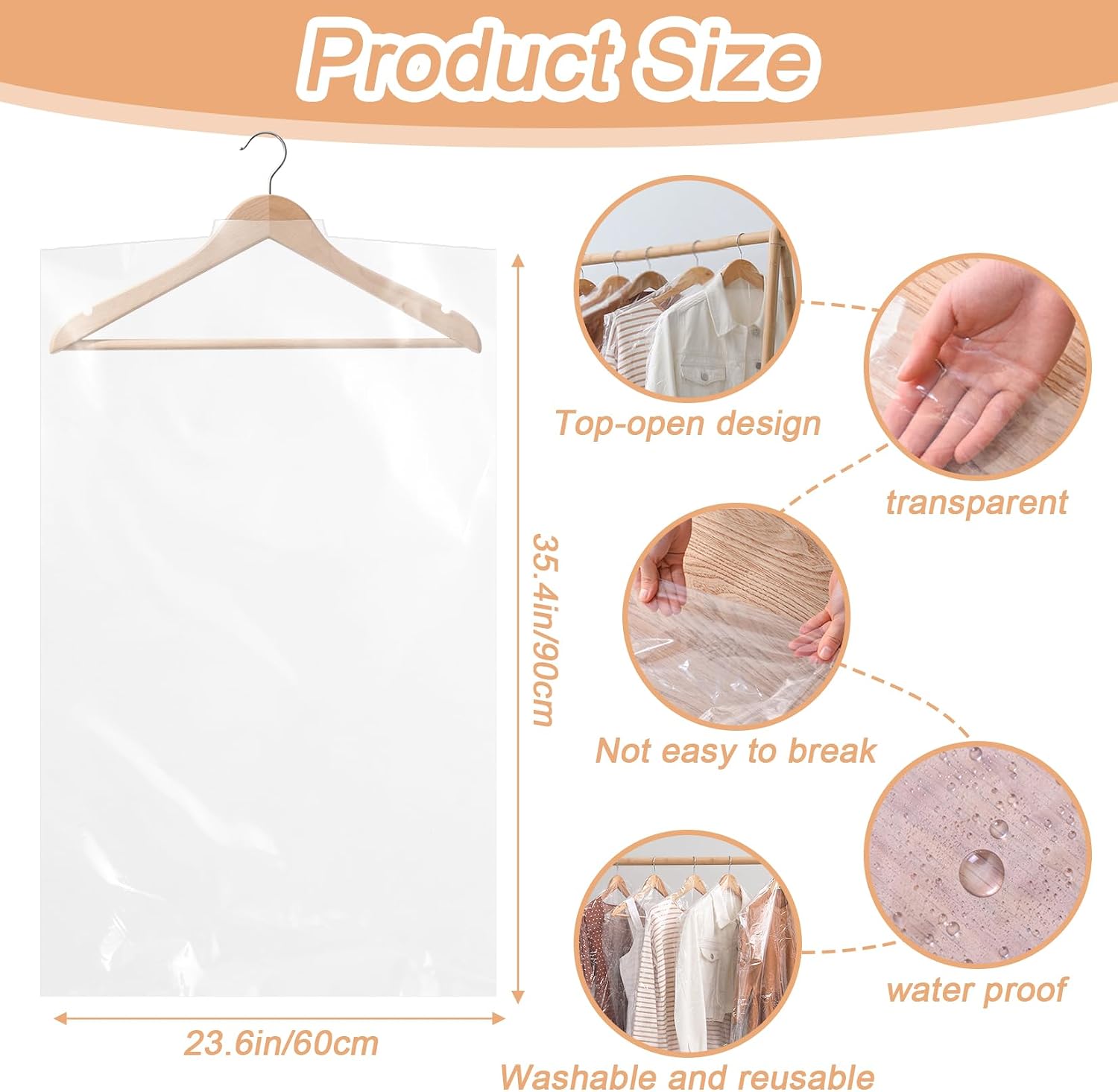 RAINFLOW 30 Pack Clear Garment Bags for Hanging Clothes, 60 x 90 cm