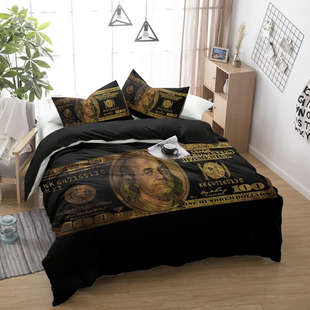 MILANKET Black Gold Money Duvet Cover Sets Queen Size, 3
