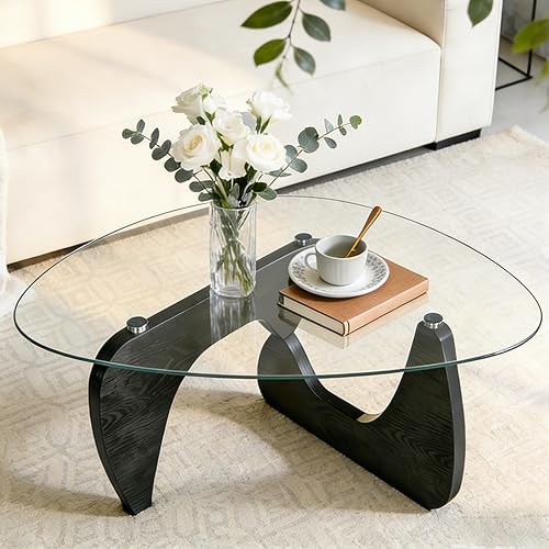 Miniatura 6 de Mesa auxiliar negra para sala de estar, mesa central ovalada moderna de 35.4 pulgadas con parte superior de vidrio templado y base de madera Negro +
