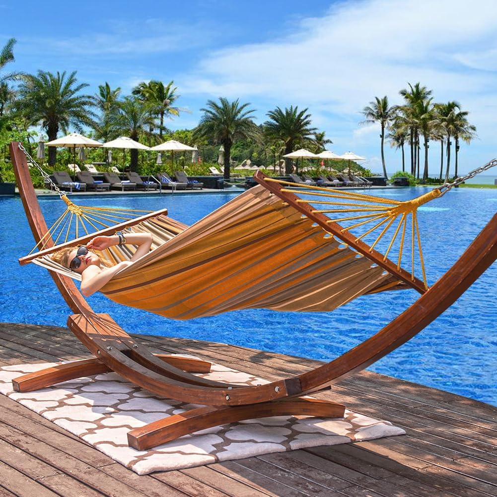 Lazy Daze Hammocks Cotton Fabric Spreader Bar Hammock and 10.5 Ft Wood Arc Hammock Stand Combo, for Indoor, Outdoor, Patio, Garden, Backyard, Khaki and Brown