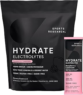 Sports Research® Hydrate Electrolytes Powder Packets - Sugar-Free & Naturally Flavored with Vitamins, Minerals, and Coconut Water - Supports Hydration - 16 Packets - Raspberry Lemonade