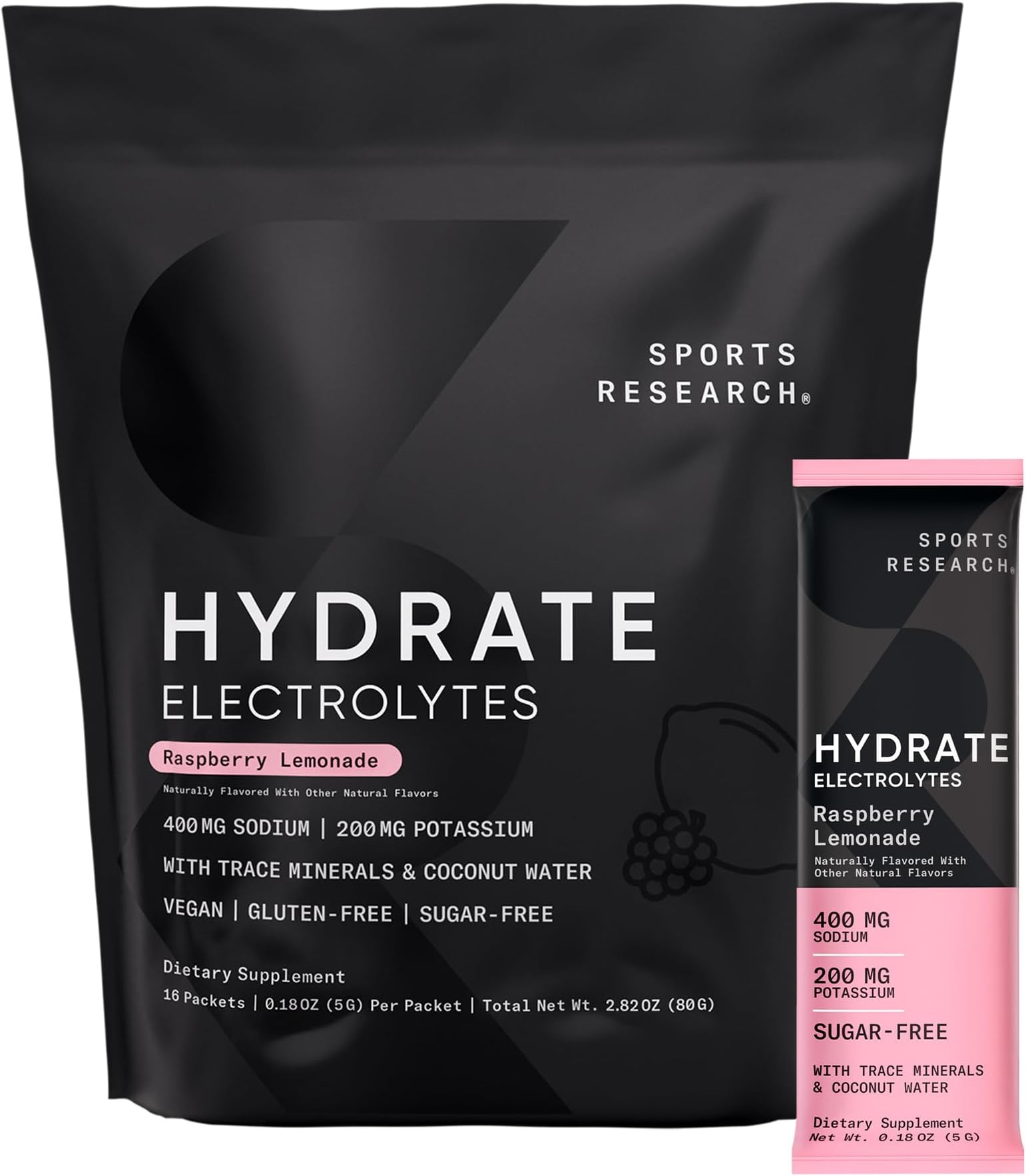 Sports Research® Hydrate Electrolytes Powder Packets - Sugar-Free & Naturally Flavored with Vitamins, Minerals, and Coconut Water - Supports Hydration - 16 Packets - Raspberry Lemonade