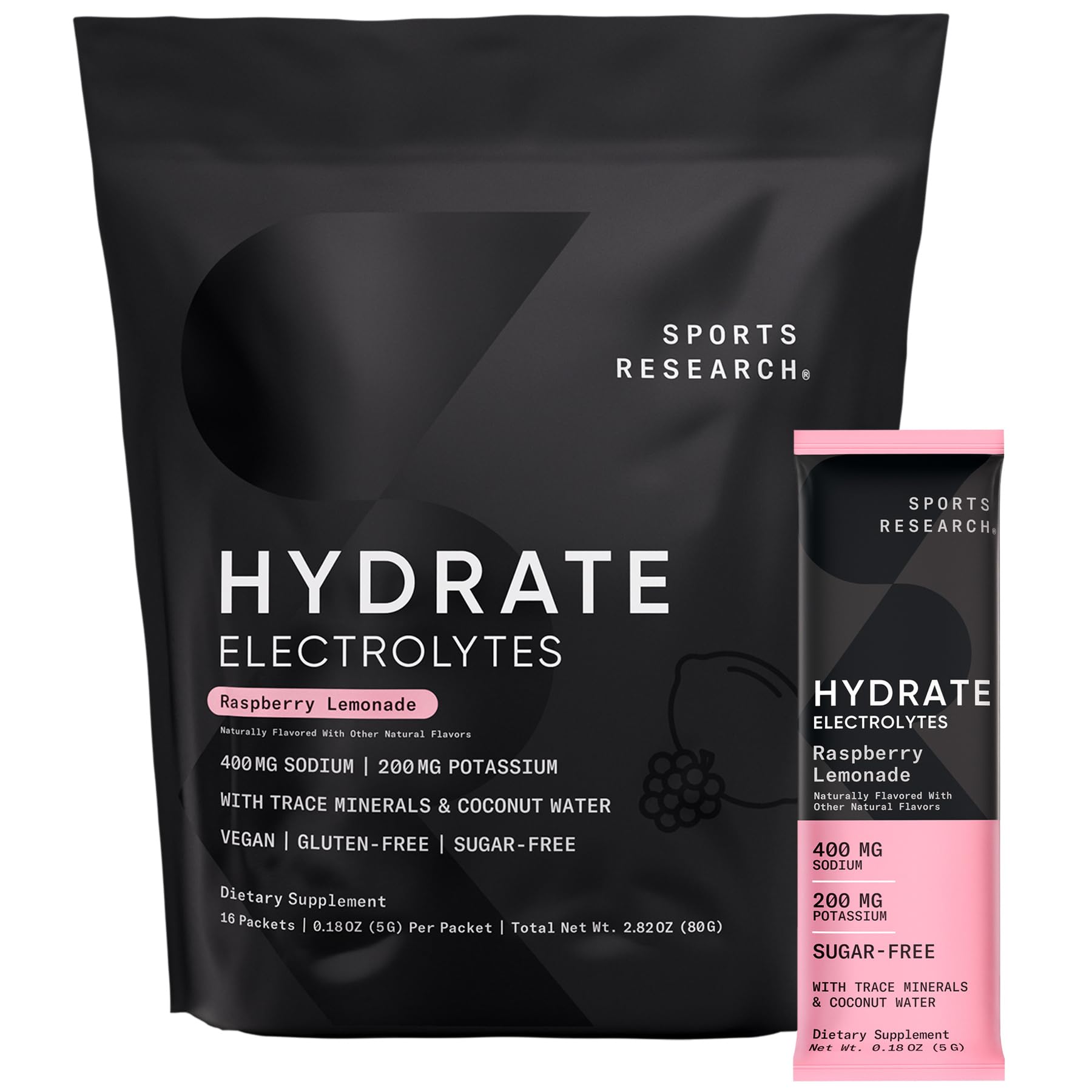Sports Research® Hydrate Electrolytes Powder Packets - Sugar-Free & Naturally Flavored with Vitamins, Minerals, and Coconut Water - Supports Hydration - 16 Packets - Raspberry Lemonade