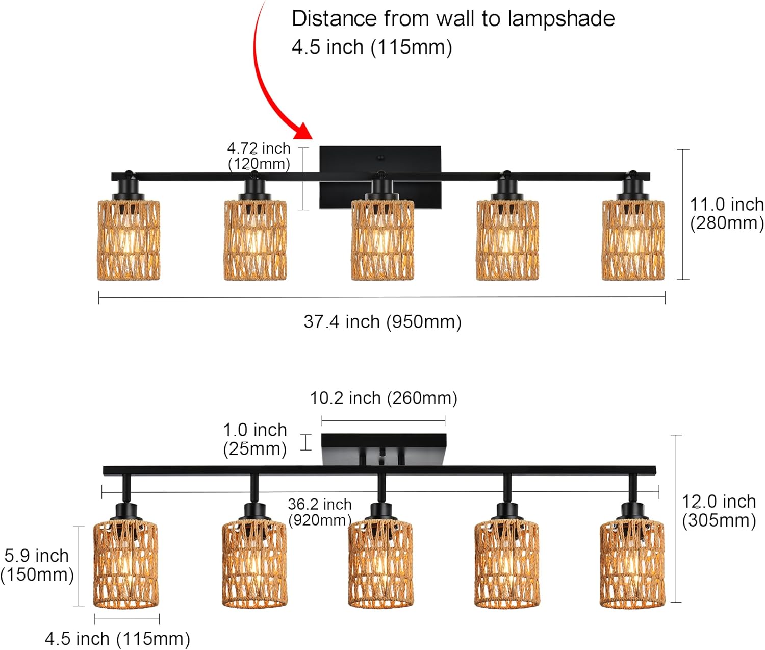 MELUCEE 5 Light Black Track Ceiling Light Fixture with Rattan Lamp Shade, Farmhouse Vanity Lights for Bathroom with Rotatable Light Head, Spotlight Track Lighting for Hallway Porch Foyer Bath
