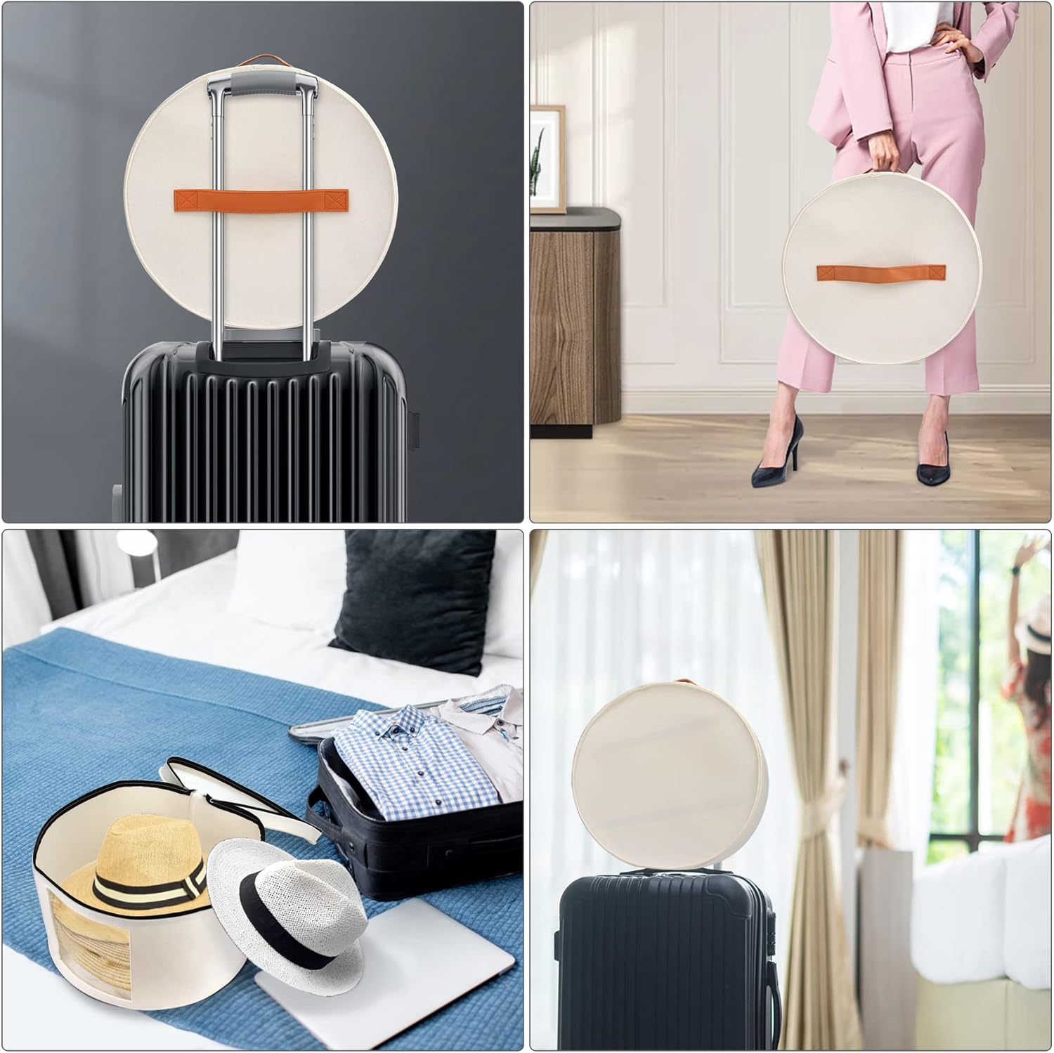 Large Hat Storage Box for Women & Men, 16" D x 10" H Hat Box Organizer，Foldable Round Travel Hat Boxes with Dustproof Lid, Stuffed Toy Storage Bin Bag (Off-white)