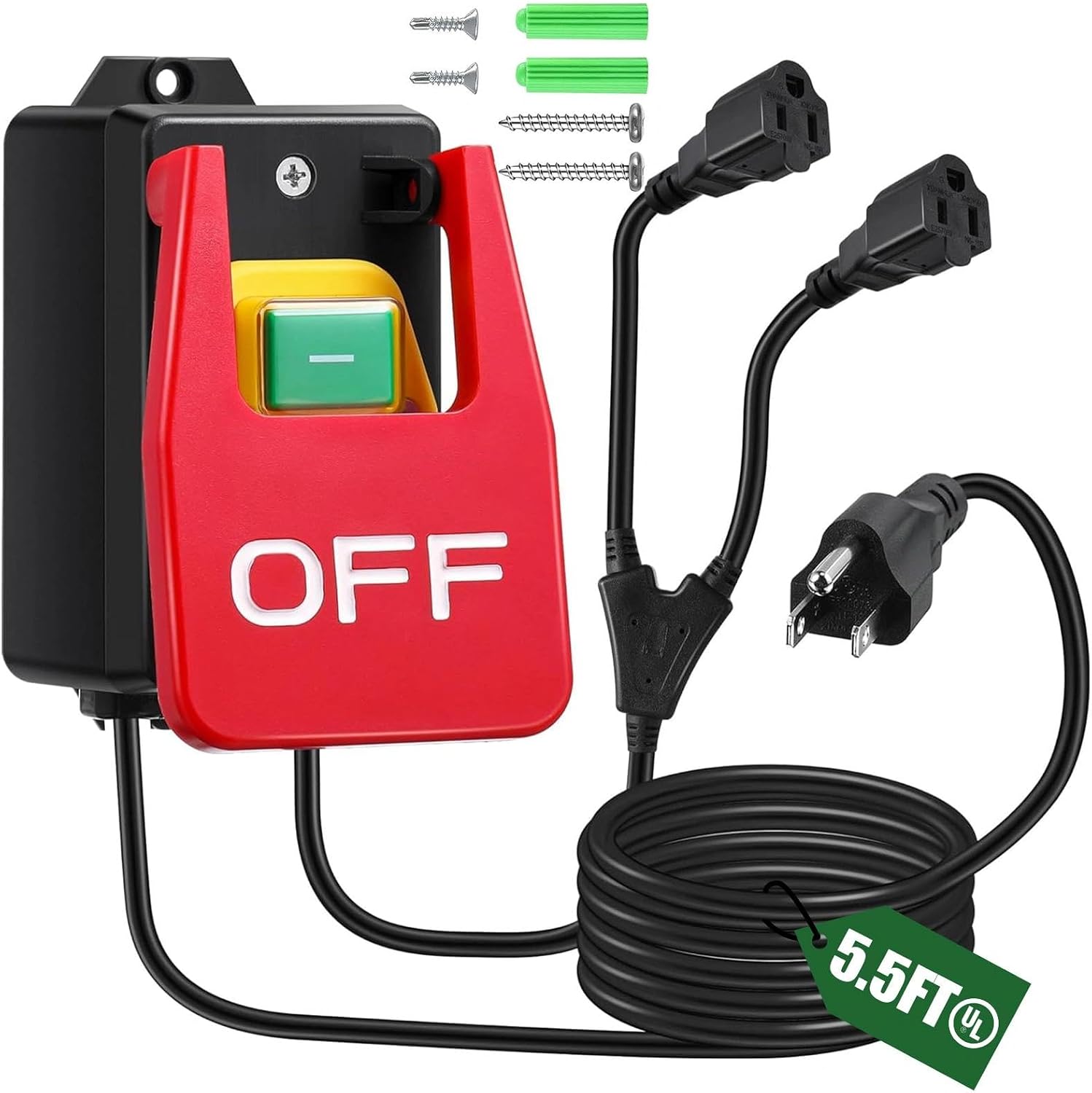 Paddle Switch for Table Saw, 120V Single Phase On/Off Switch with Large OFF Paddle for Emergency Stop, Power Switch with Heavy Duty Extension Cord (5.5ft Plug & Dual 1.5ft Sockets)