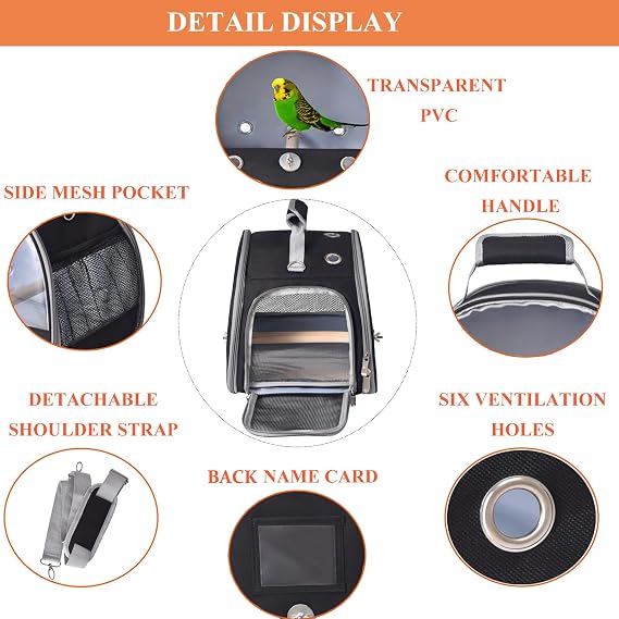 FCQQYWZ Bird Carrier with Stand & Tray, Small Bird Travel Cage for Parrot & Parakeet, Shoulder Strap - Black