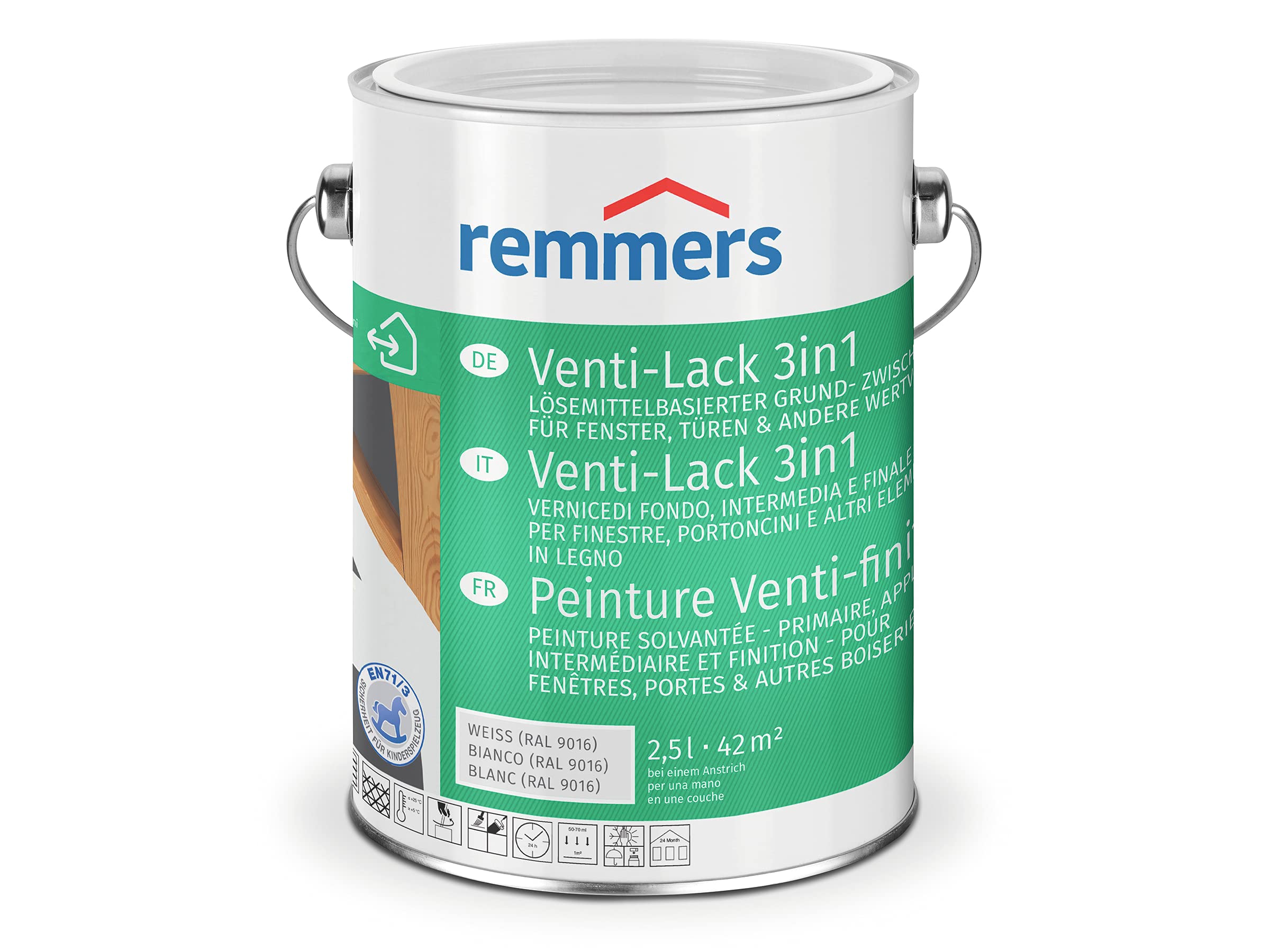 Remmers Lakier do wentyli 3 w 1 biały (RAL 9016), 5 l, lakier do żywicy alkidowej do drewna wewnątrz i na zewnątrz, 3 powłoki w jednym produkcie, wysoka siła krycia