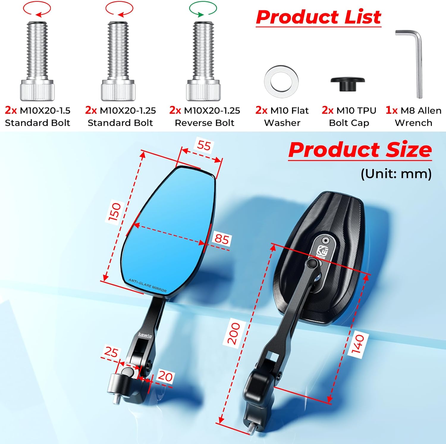 Aluminum Alloy Rainproof Foldable Motorcycle Mirrors with M10 Bolts, CNC Machined HD Anti-Glare Blue Lenses Rear View Mirrors, Multi-Angle Adjustable for Motorcycle Cruiser ATV Moped Scooter