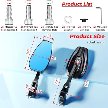 VAZESWIN Aluminum Alloy Rainproof Folding Motorcycle Mirrors with M10 Screws, HD Machined CNC Anti-Glare Blue Lens, Blue Lens Rearview Mirrors, Multiple Angles