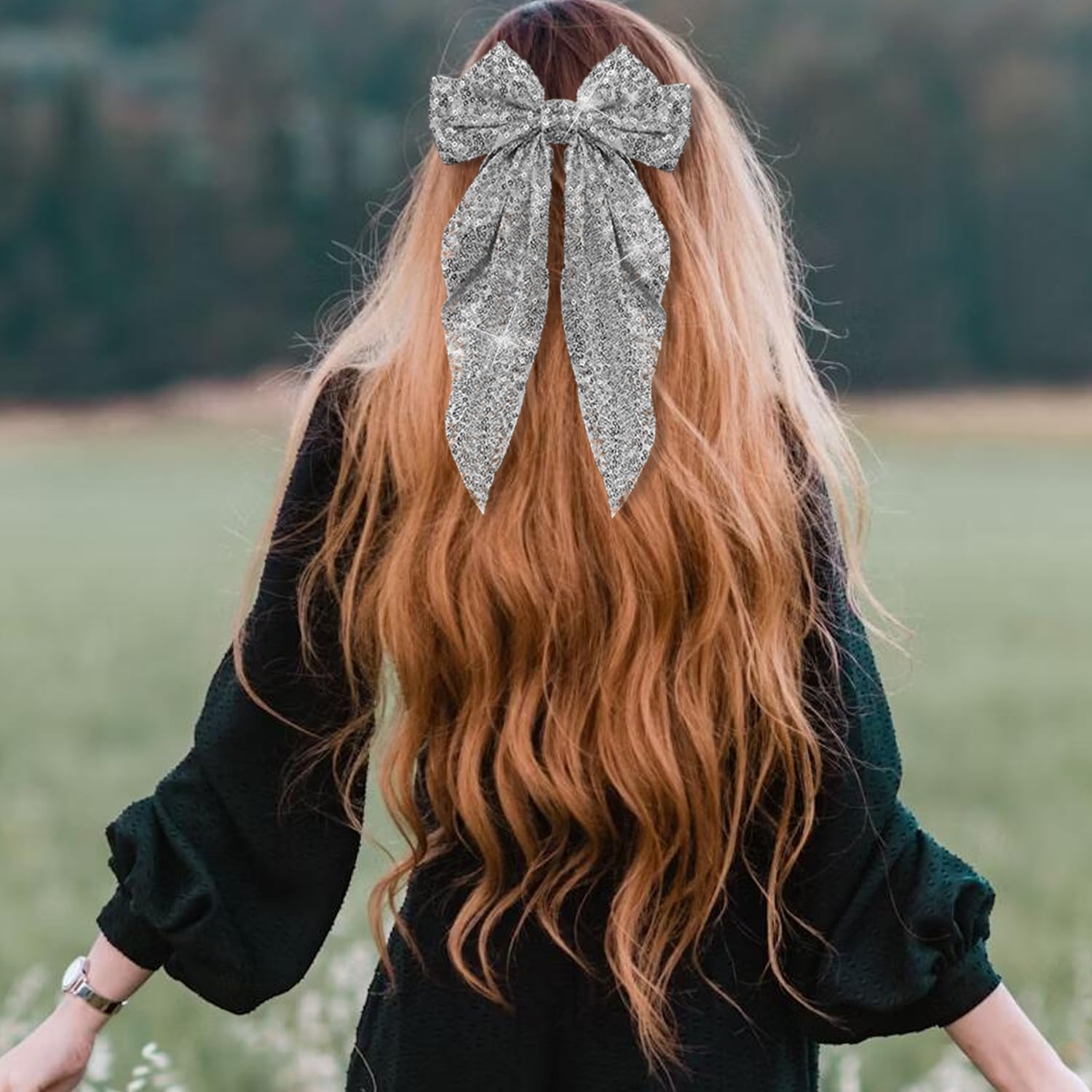 2Pcs Glitter Hair Big Bows for Women Sequin Hair Bows Clips Sparkly Bowknot Style Barrettes Long Tail Hair Accessories - Image 3