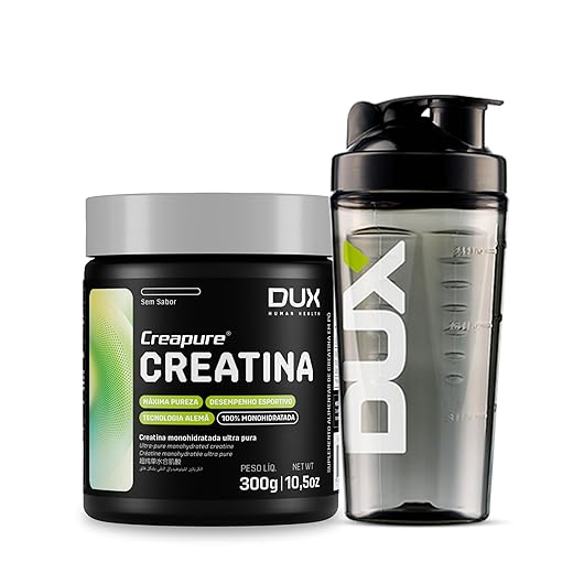 Kit Creatina Monohidratada 100% Creapure Sem Sabor Pote 300g + Coqueteleira - Suplementação Academia, Ganho Muscular Hipertrofia, Força Energia Resistência, Suplementos Naturais - DUX HUMAN HEALTH