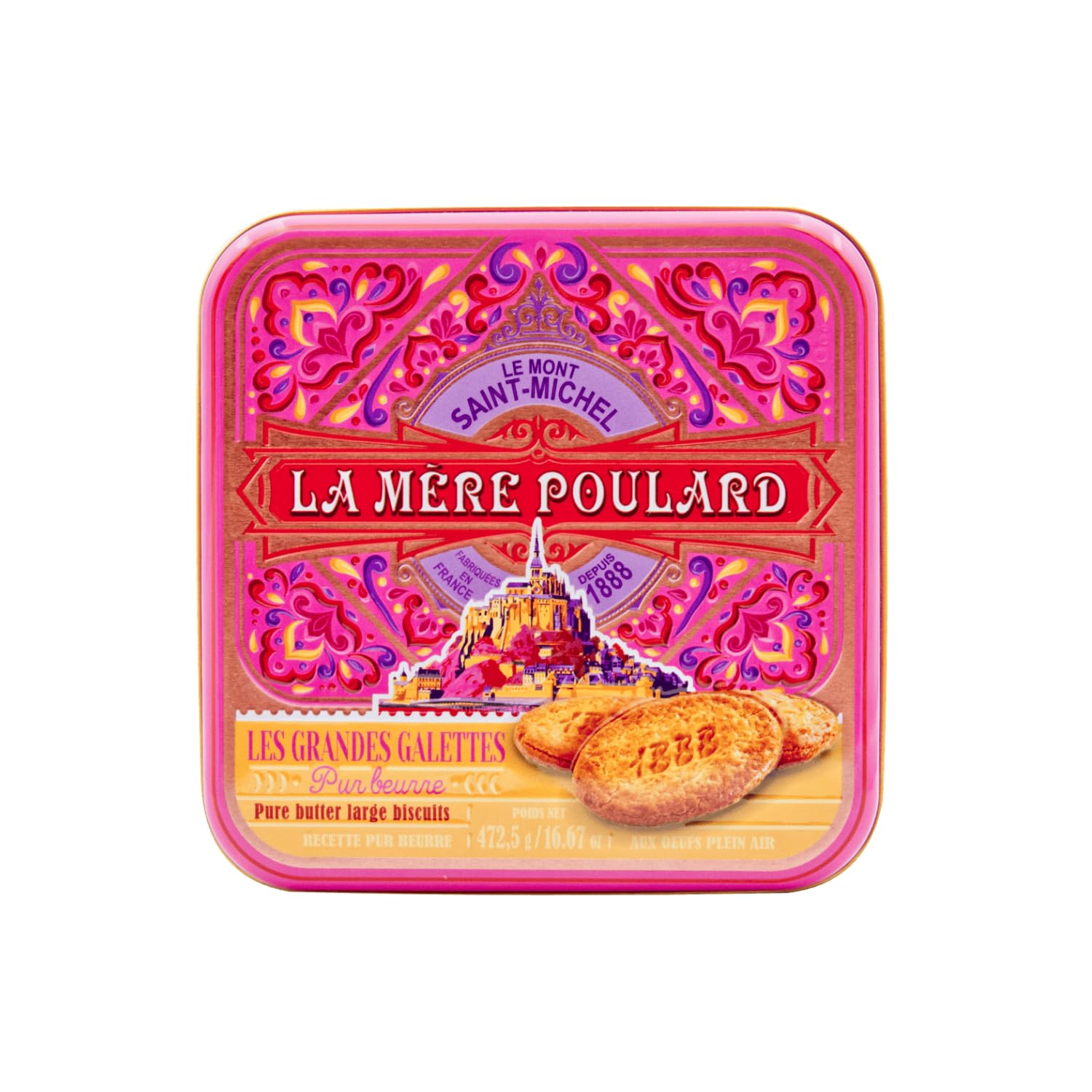 La Mère Poulard | Biscotti Puro Burro Salato Caramello | Latta Metallo Biscotti Francesi Burro Grandi Gallette - 472.5 Gr | Lattine Cucina Decori Frollini Regalo