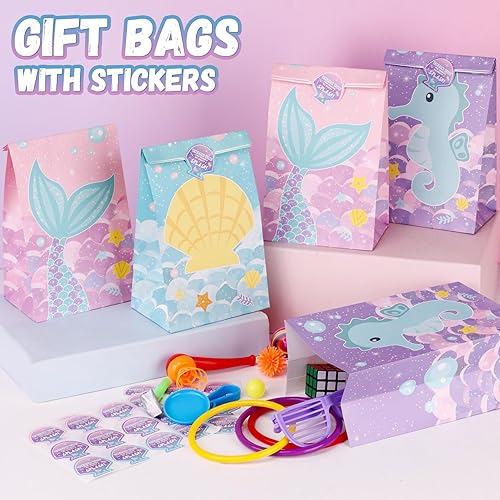 Miniatura 3 de HEJIN 30 bolsas de recuerdo de fiesta de sirena con calcomanías, decoraciones de cumpleaños de sirena, ideales para niñas y niños bajo el mar,